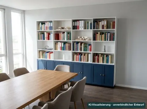 KI-Visualisierung: weiße Regalwand mit Ordnern und nachtblauen Unterschränken in einem Besprechungsraum