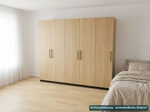 KI-Visualisierung: Kleiderschrank mit fünf Eichentüren und schwarzen Stangengriffen in einem hellen Schlafzimmer