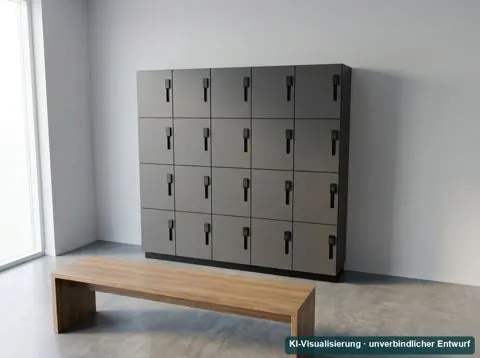 KI-Visualisierung: graue Spindwand mit 20 abschließbaren Fächern und Holzbank in einer Umkleide