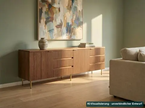 KI-Visualisierung: Sideboard in Nussbaum mit Rillenfronten und Schubladen in einem Wohnzimmer mit grüner Wand