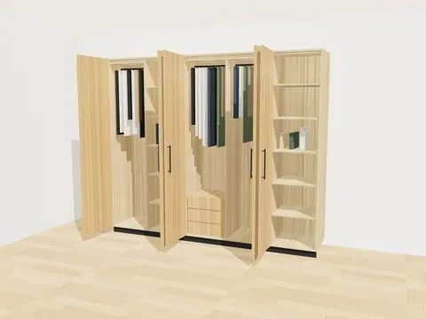 3D-Entwurf Schlafzimmer, Türen und Schubladen offen