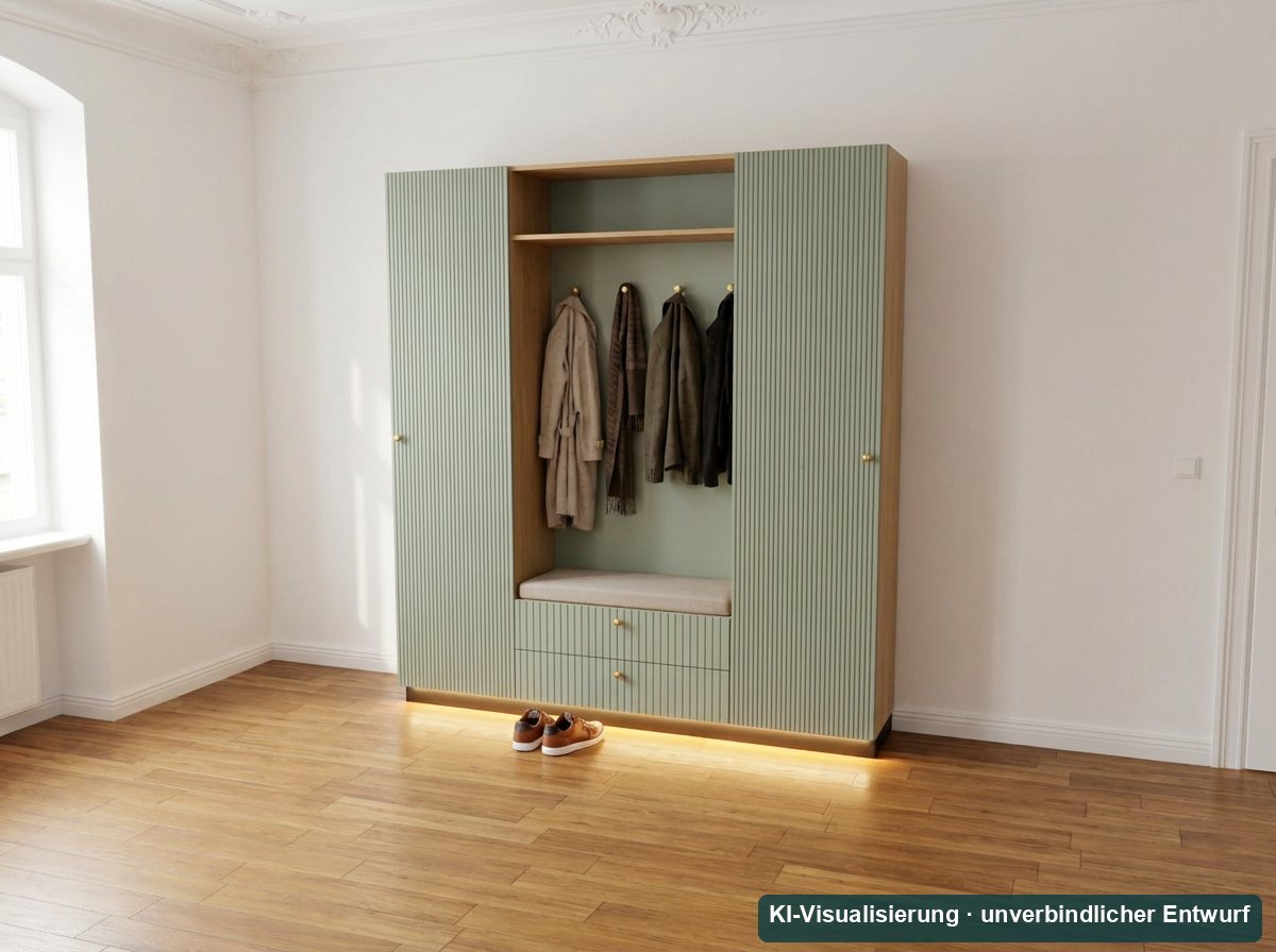 KI-Visualisierung: Garderobe in Salbeigrün im Altbauflur