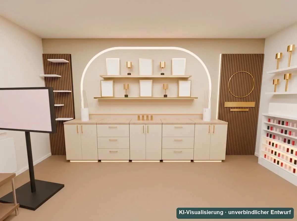 KI-Visualisierung: Rückwand mit Sideboards und Bogenpaneel
