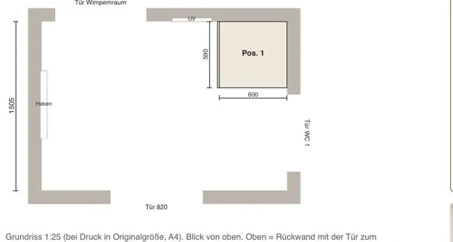 Entwurfsplan Flur: Grundriss mit Hochschrank, Maße in Millimetern
