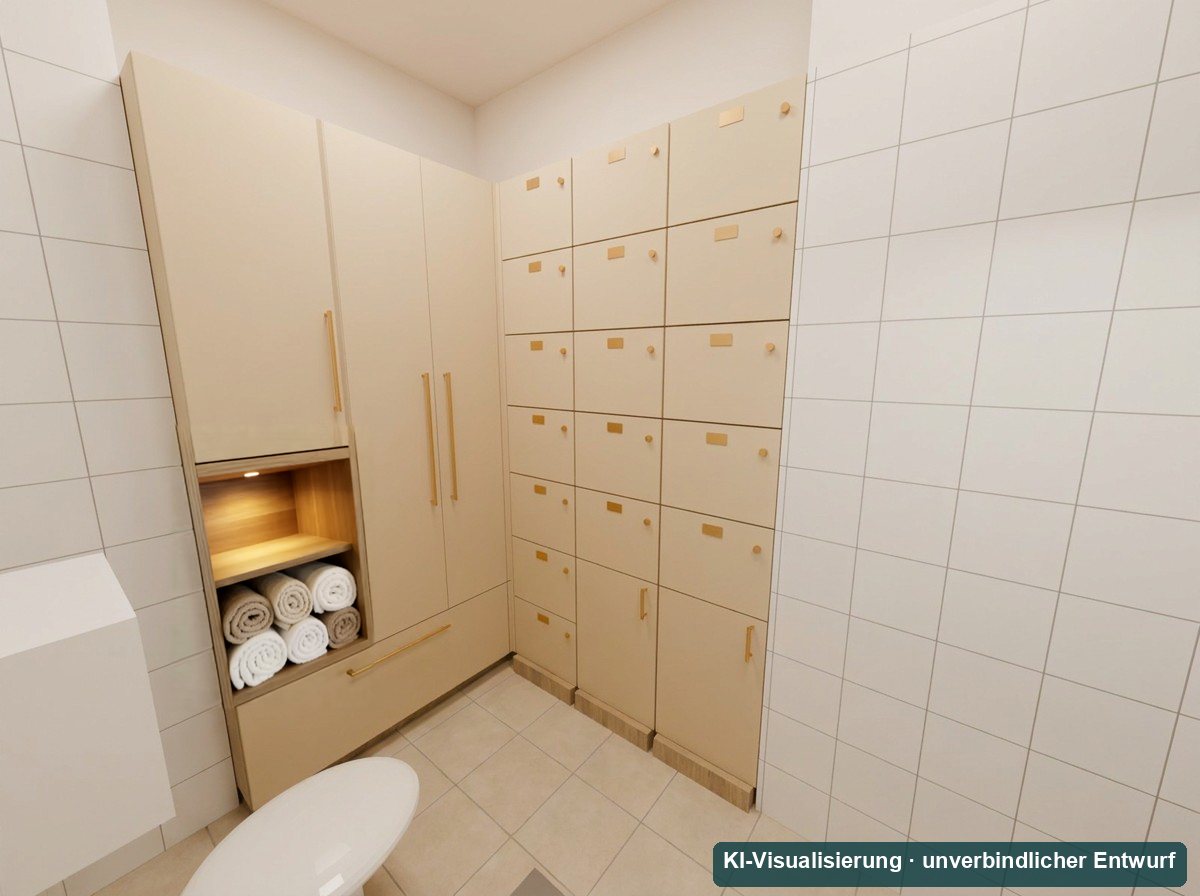 KI-Visualisierung: Spindschrank mit abschließbaren Fächern und Garderobe in einem gefliesten Raum